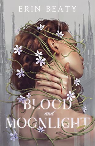 Blood and Moonlight by Erin Beaty- A young woman looking away from the viewer is wrapped in vines with purple flowers. Blood trickles from between the fingers she holds on her neck.